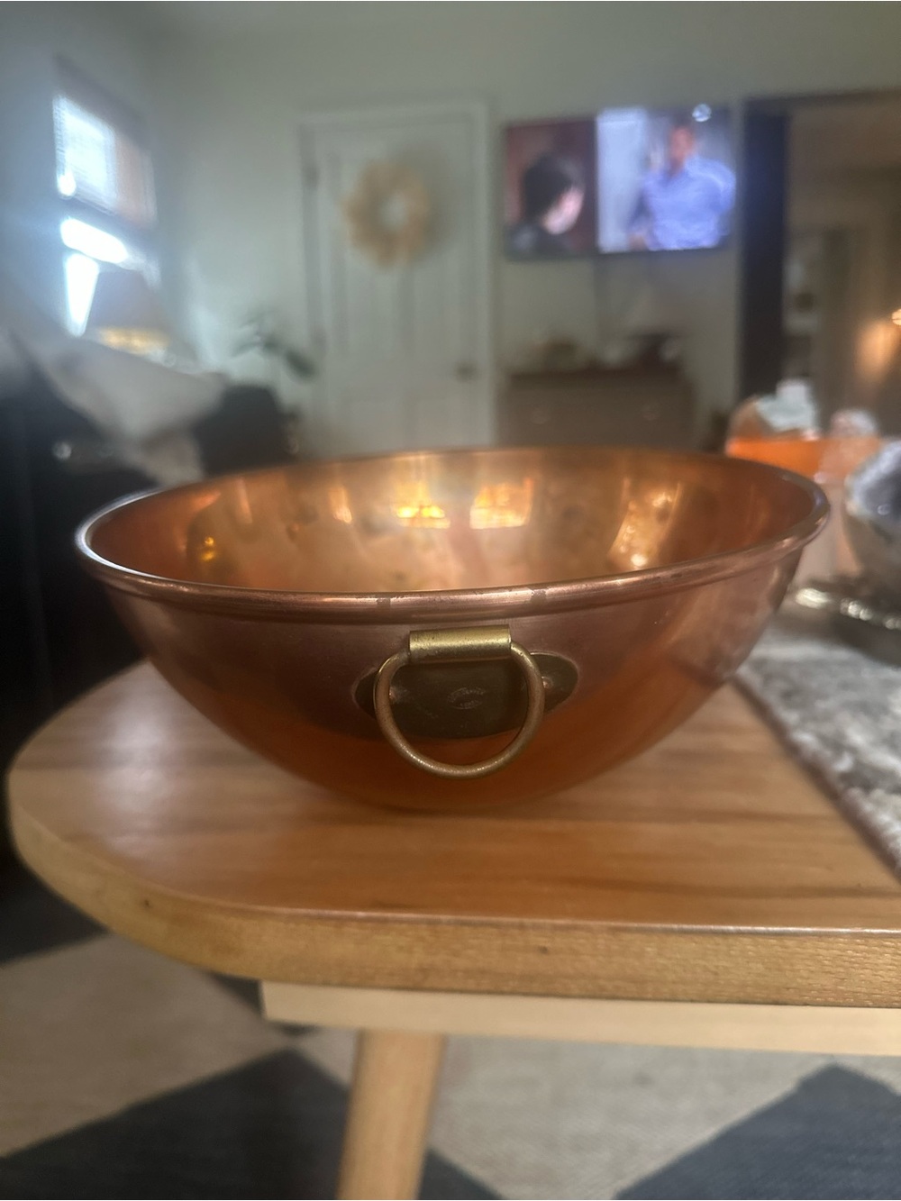 Copper 9” Serving Bowl Brass Ring Handle Copper made in korea wear as shown